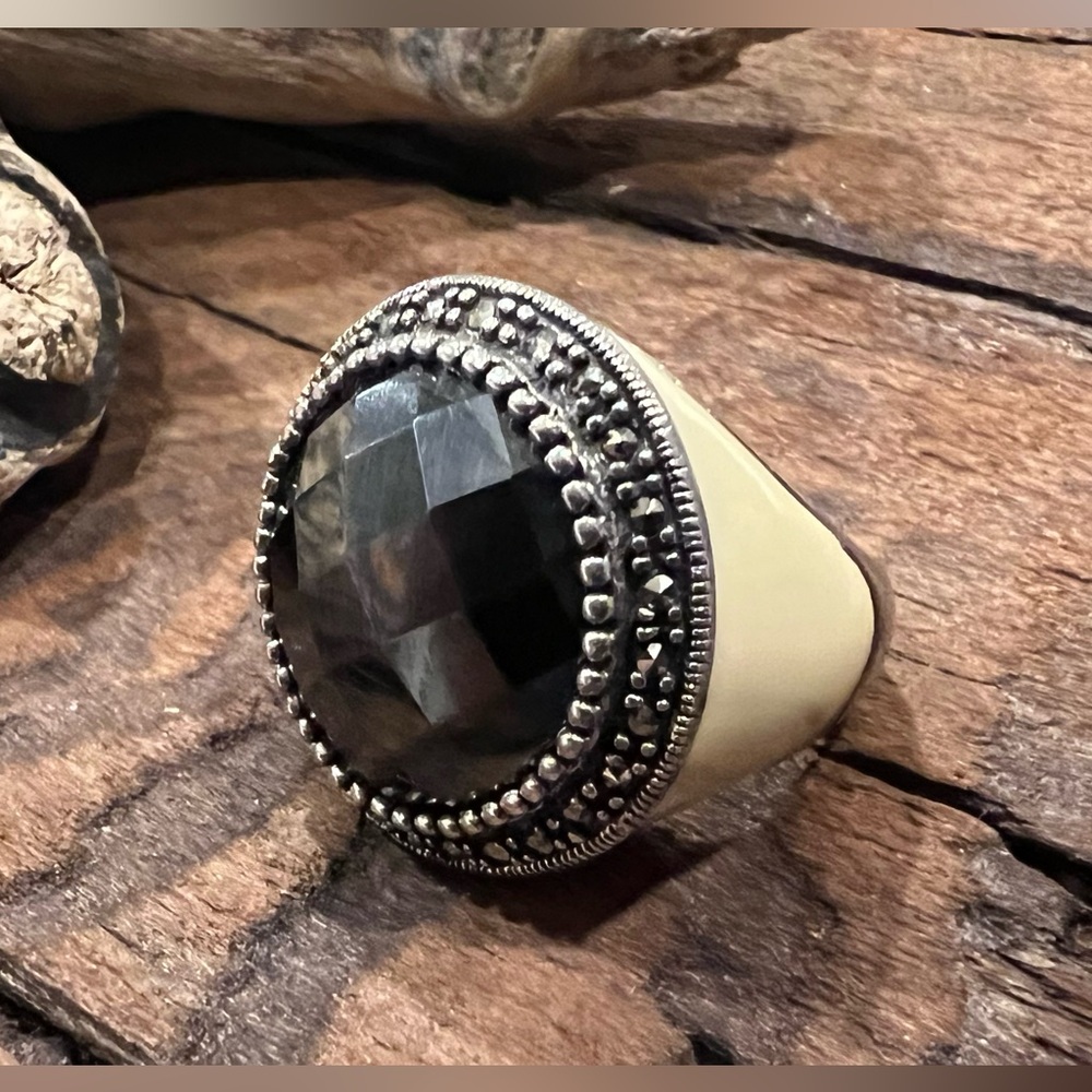 Big Thailand Cocktail Ring Sterling Hematite Marcasite Cream Enamel Silver Sz 10